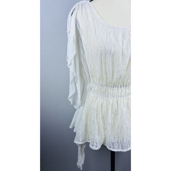 Free People Sz S June Ivory Batwing Sheer Lace Smocked Elasticized Flowy Top-REA - Picture 2 of 12